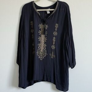Catherine's Coastal Blouse Top Navy Blue Women 3X BOHO Beaded Tunic Flowy